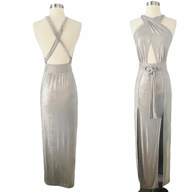 T. ZOVICH Maxi Dress Slinky Metallic Silver Multiway Halter Open Back Slits S/M