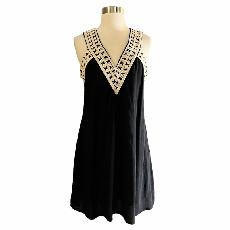 Black Swing Dress Embroidered V-Neck Cutout Back Sleeveless Medium NWT