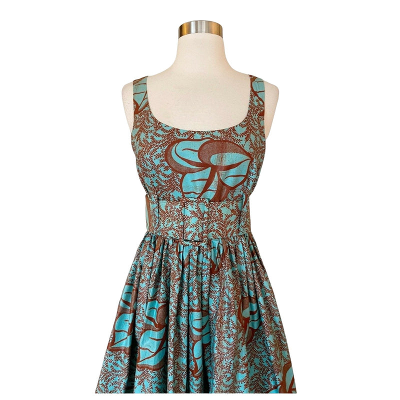 SIKA Floral Midi Dress Fit and Flare Belted Sleeveless Teal Brown Cotton Small