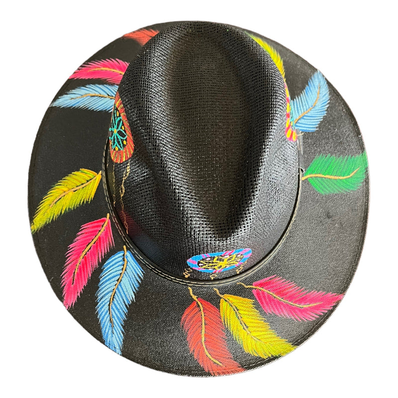 HAT MEXICAN Artisanal Hand Painted Fedora Floral Sombrero Panama Bohemian Black