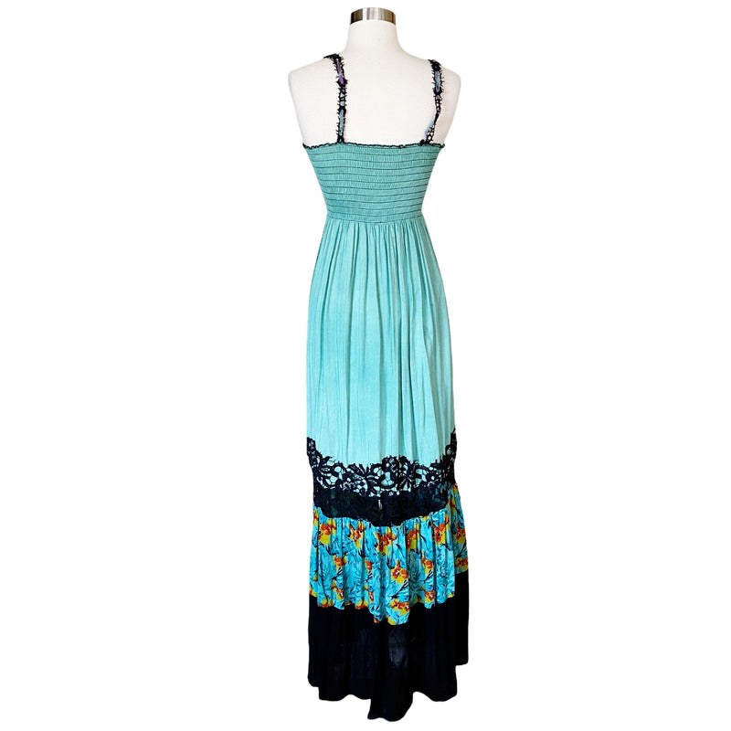 Resort Dress by T. ZOVICH Maxi Dress Mixed Media Green Floral V-Neck Spaguetti L