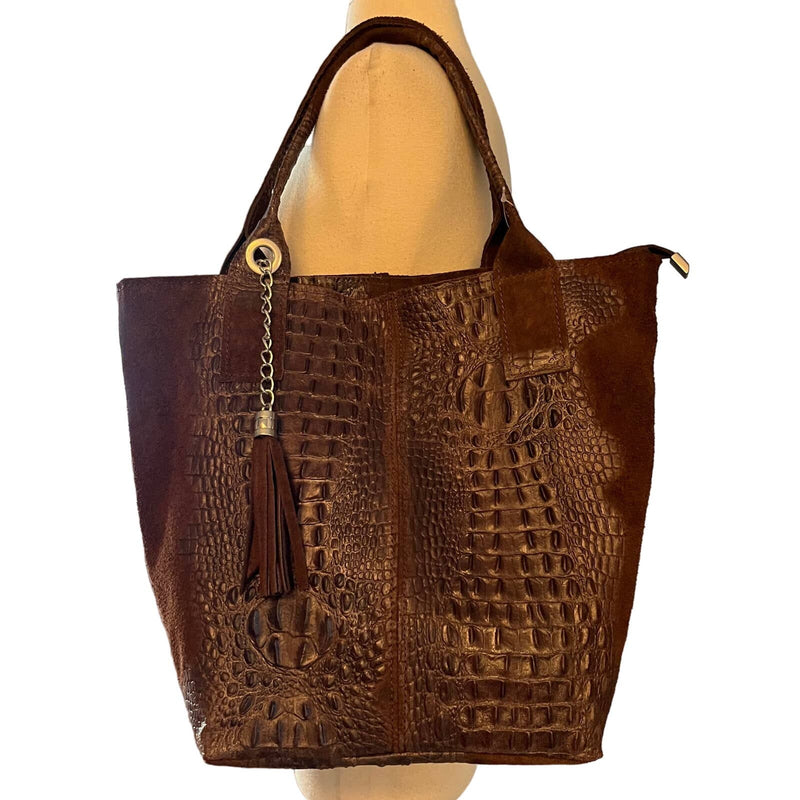 ITALIAN Large Tote Leather Croc Embossed Suede Trim Dual Handle Pouch Brown