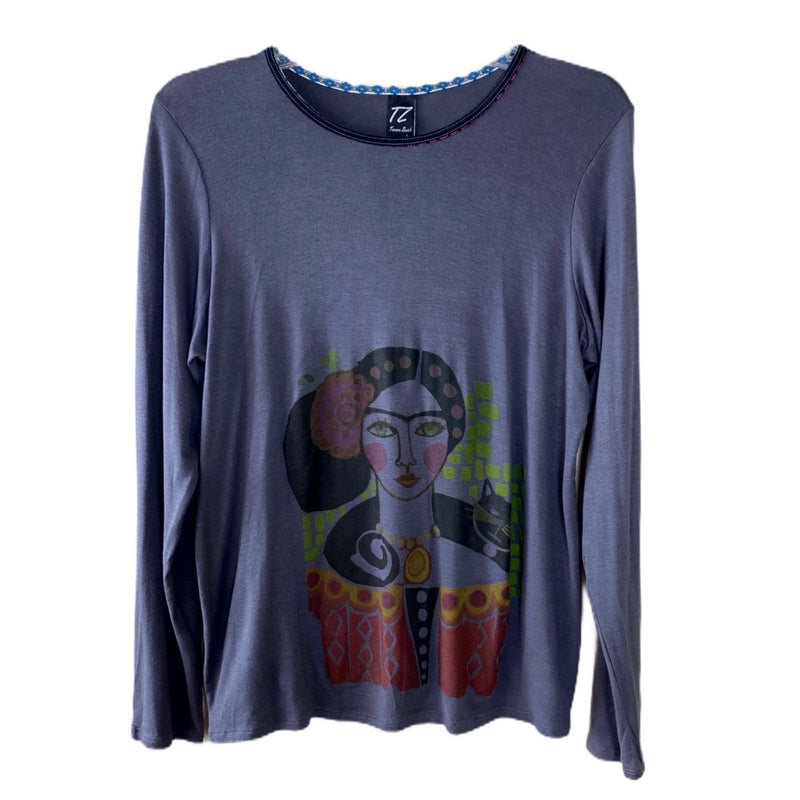 T.ZOVICH Top Frida Kahlo Graphic Print Long Sleeves Graphic Print Gray Small NWT