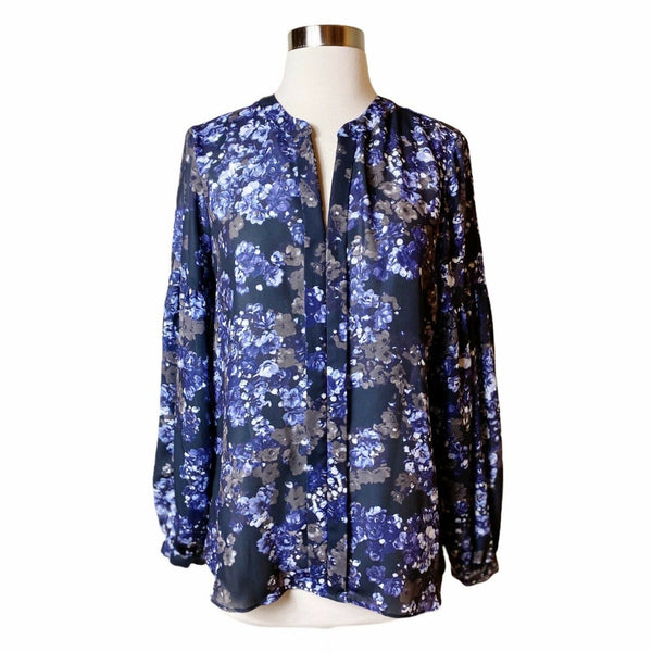 PARKER Floral Blouse V-Neck Long Sleeve Button Down Purple Blue Medium Top EUC