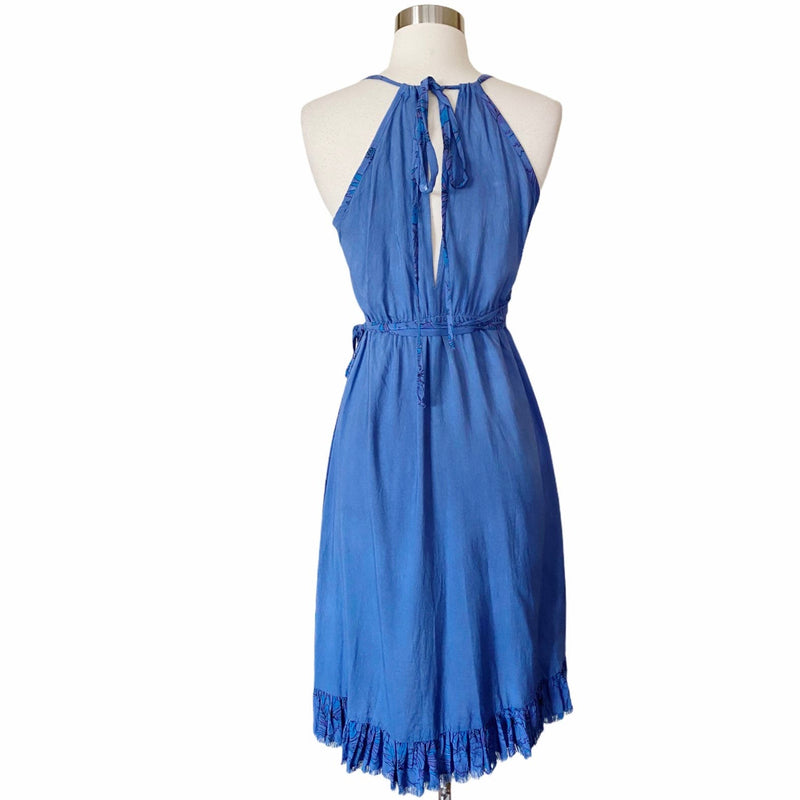 Resort Midi Wrap Dress by T. ZOVICH Cobalt Blue Sleeveless Tan Raw Hem Small