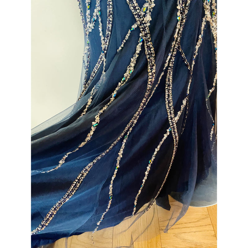 JOVANI Navy Rhinestone Embellished Gown Mesh Layer Argyle Short Sleeves 8 NWOT