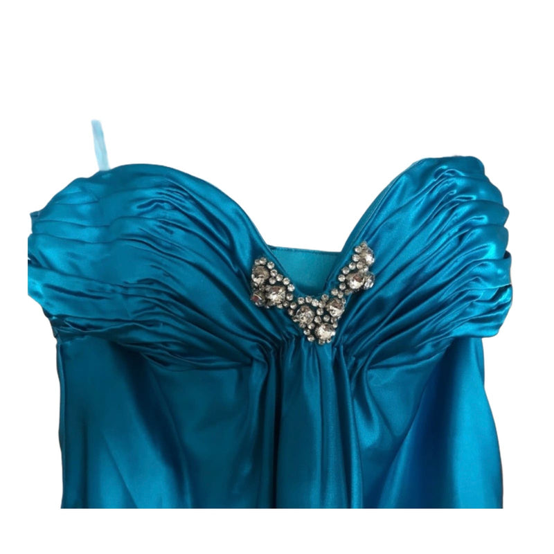 RUTH TARVYDAS Blue Satin Evening Dress Gown Bridgerton Style Ruched Bodice 10