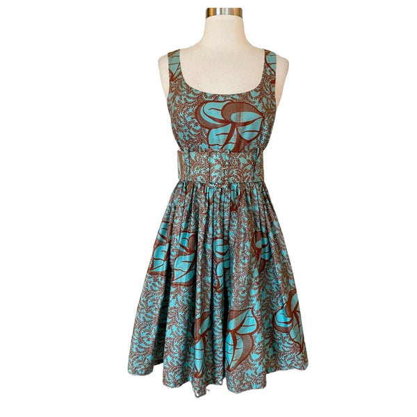 SIKA Floral Midi Dress Fit and Flare Belted Sleeveless Teal Brown Cotton Small