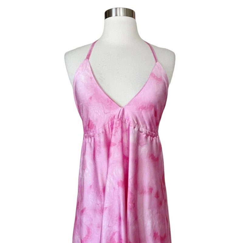 T. ZOVICH Pink Tie Dye Maxi Dress Satin Halter Lightweight Ties Open Back Medium