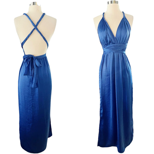 T. ZOVICH Blue Maxi Dress Satin Halter Ties Multiway Lightweight Ties Small NWT