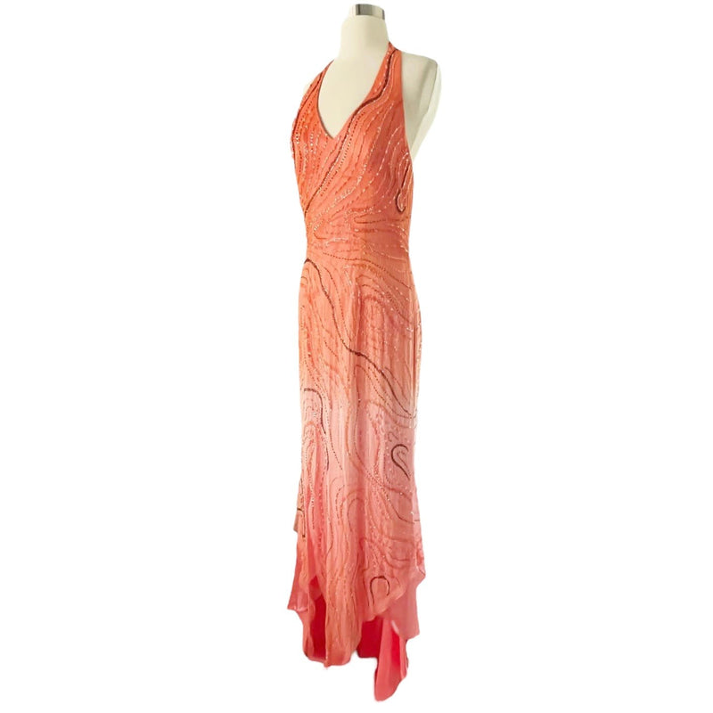 LARA Embellished Gown Ombre Orange A-Line Halter Beaded Silk Chiffon Dress 12