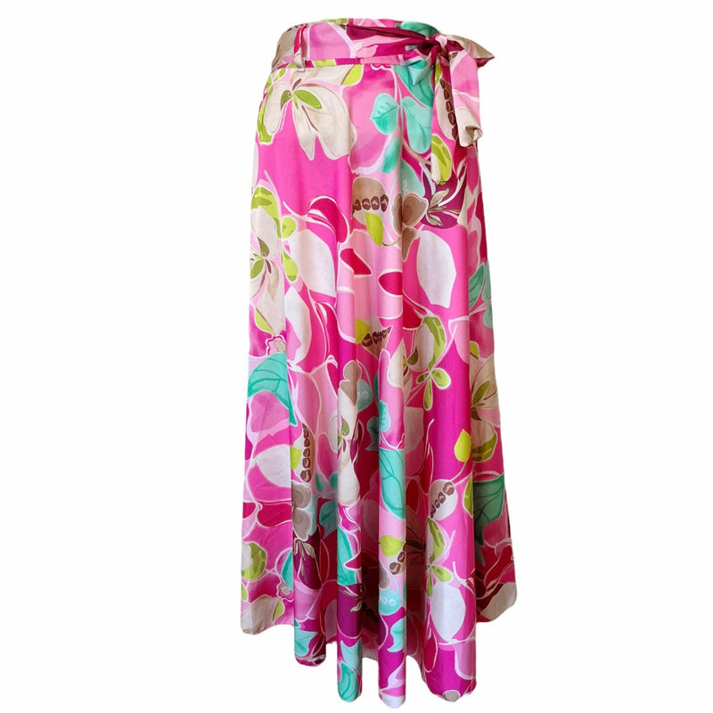 Italian Retro Inspired Maxi Skirt Floral Pink Print Elastic Waist Belt S/M NWT