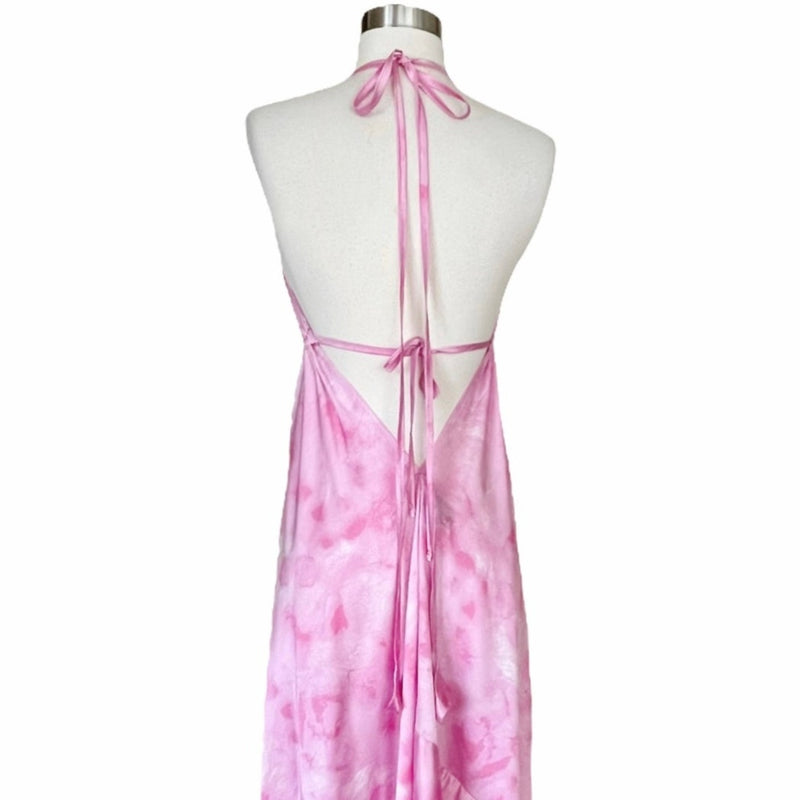 T. ZOVICH Pink Tie Dye Maxi Dress Satin Halter Lightweight Ties Open Back Medium