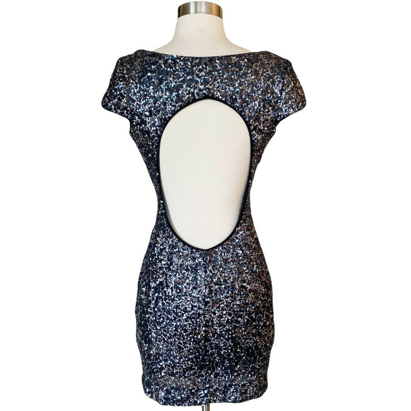 DRESS THE POPULATION Gabriella Mini Dress Sequins Stretchy Black Silver Medium