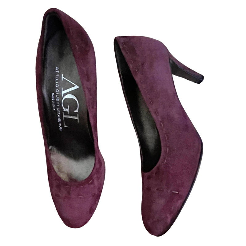 AGL Burgundy Suede Pumps Leather Round Toe Heels Shoes Italy EU 37.5 US 7 NWOT