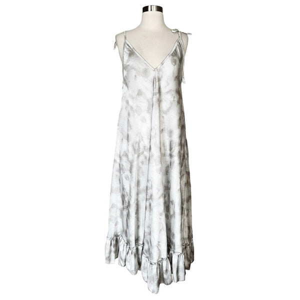 T. ZOVICH Maxi Dress Gray Tie Dye Silver Sleeveless Swing V-Neck Shoulder Ties