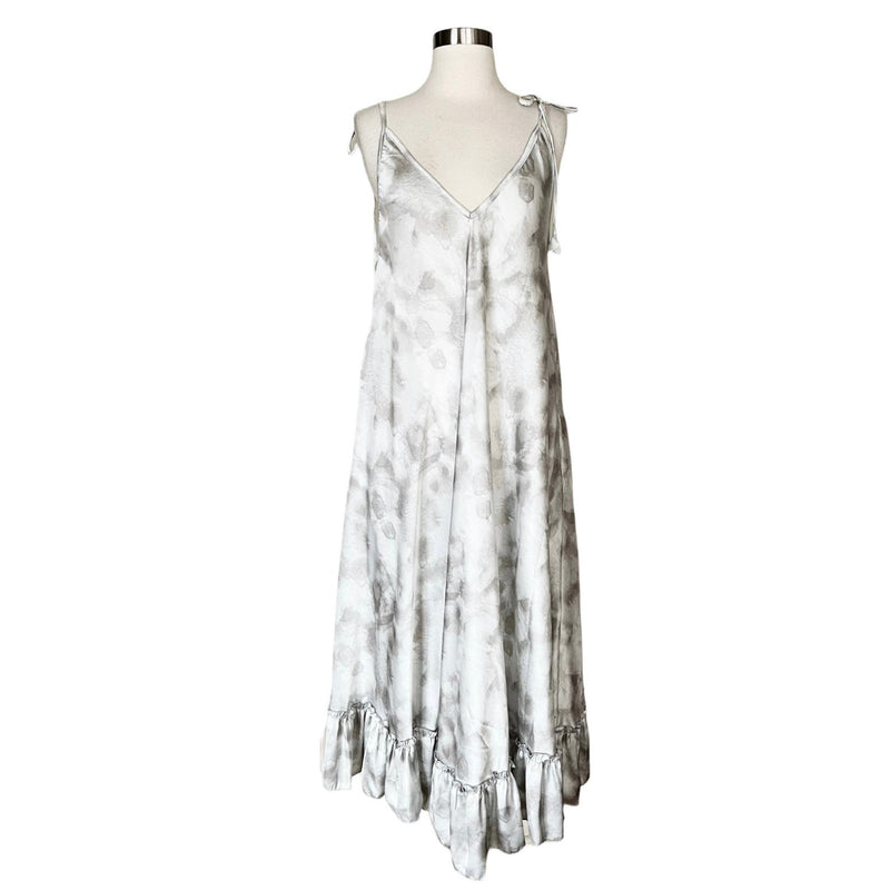 T. ZOVICH Maxi Dress Gray Tie Dye Silver Sleeveless Swing V-Neck Shoulder Ties