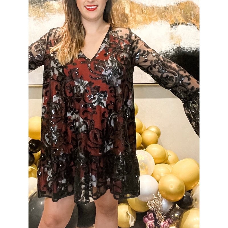 FREE PEOPLE Falling Flowers Frock Mini Dress Black Red Sequins Cocktail Small