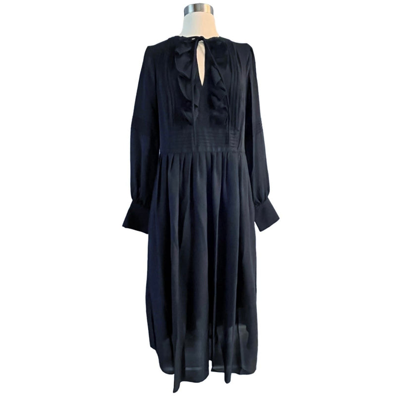 WORTH Collection Georgette Pintuck Peasant Dress New Navy Blue Midi Ruffle 6 NWT