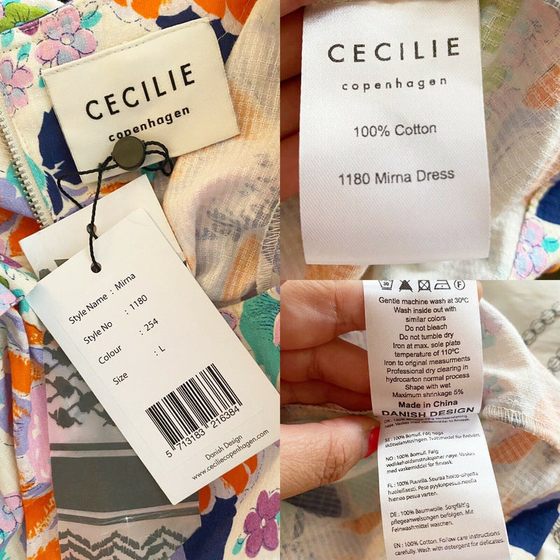 CECILIE COPENHAGEN Mirna Dress Mini Shift Ivory Blue Orange Floral Large NWT