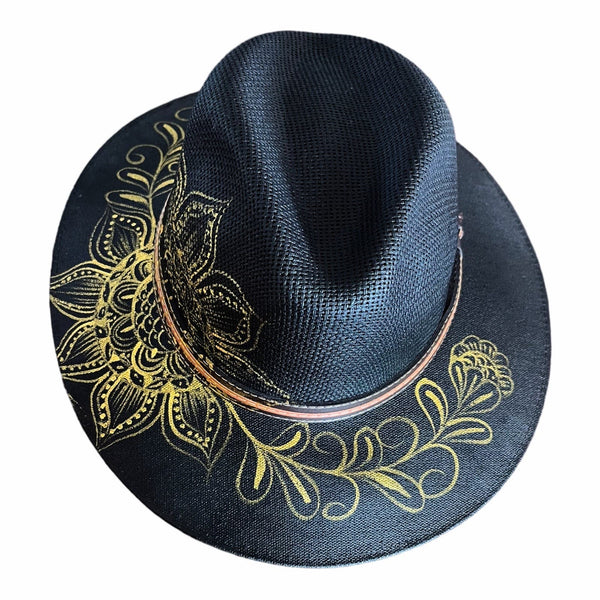 HAT MEXICAN Fiber Hand Painted Fedora Floral Sombrero Panama Bohemian Black Gold