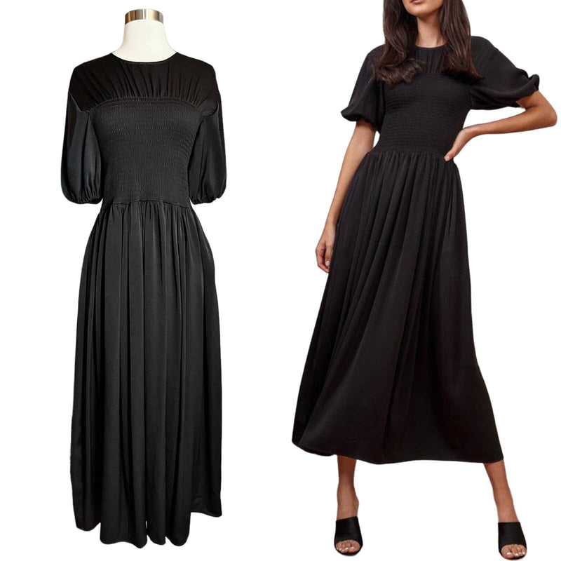 LA LIGNE Blanca Black Dress Maxi Short Puff Sleeves Smocked Waist Stretch XS EUC