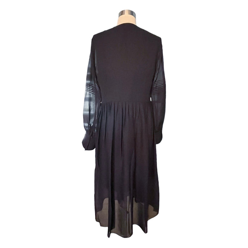 WORTH Collection Georgette Pintuck Peasant Dress New Navy Blue Midi Ruffle 6 NWT