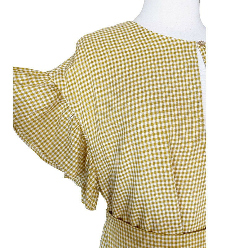 TULAROSA Jenny Mini Dress Marigold Plaid Wrap Ruffles Cotton Yellow Medium EUC