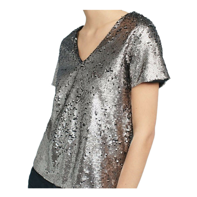 ANTHROPOLOGIE Sequin Top Short Sleeve V-Neck Vanessa Virginia Silver Small EUC