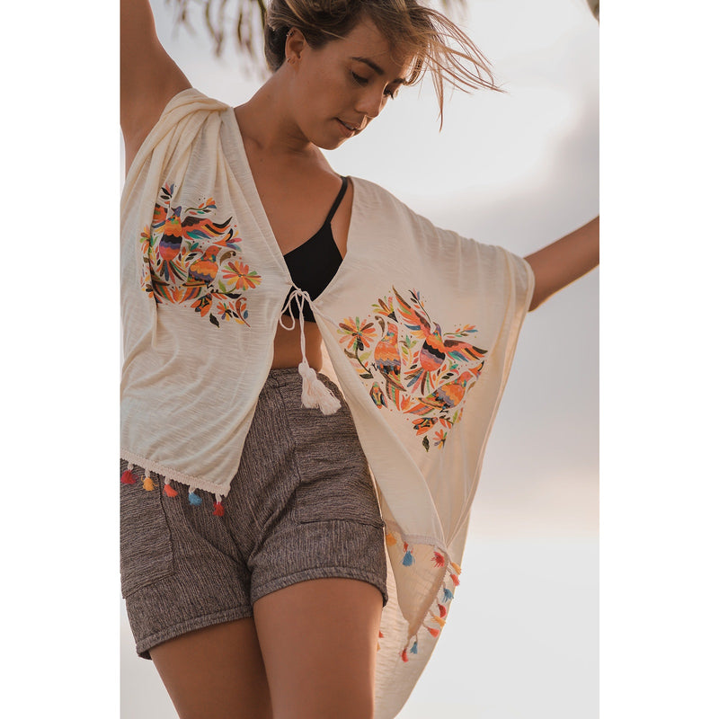 BEACH COVER UP KIMONO T. ZOVICH Otomi Graphic Shawl Natural Print Ruana Bohemian