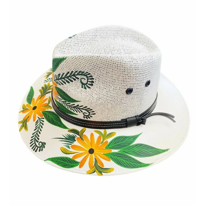 MEXICAN Artisanal Hat Hand Painted Fedora Floral Sombrero Panama Bohemian Large