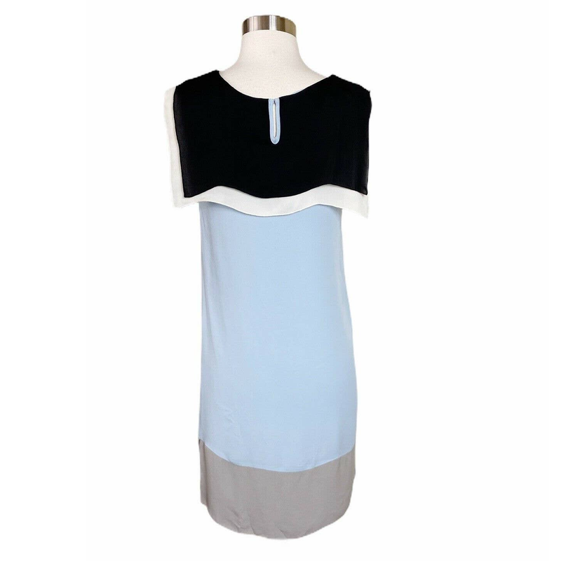 L'AGENCE Silk Colorblock Shift Dress Sleeveless Cape Neck Blue Gray Black 2