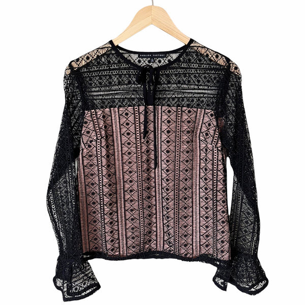 ENGLISH FACTORY Lace Blouse Black Lined Pink Scoop Neck Long Sleeve Ruffle Small