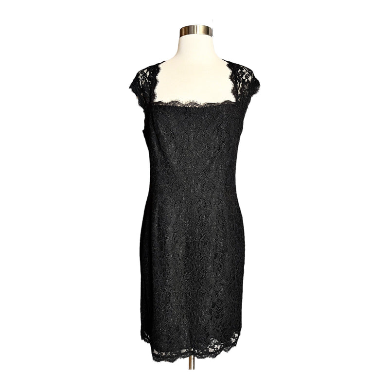 ADRIANNA PAPELL Black Sheath Lace Dress Scalloped Neck Zipper Sleeveless 10 EUC