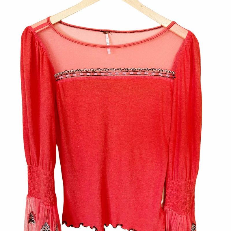 FREE PEOPLE Jersey Knit Blouse Cotton Orange Mesh Embroidered Bell Sleeves Small