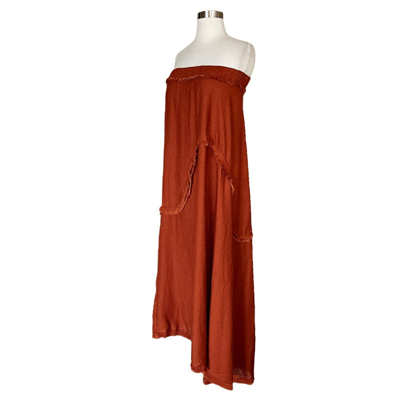 T. ZOVICH Strapless Dress Maxi Rust Brown Raw Hem Medium Boho Resort Raw Hem