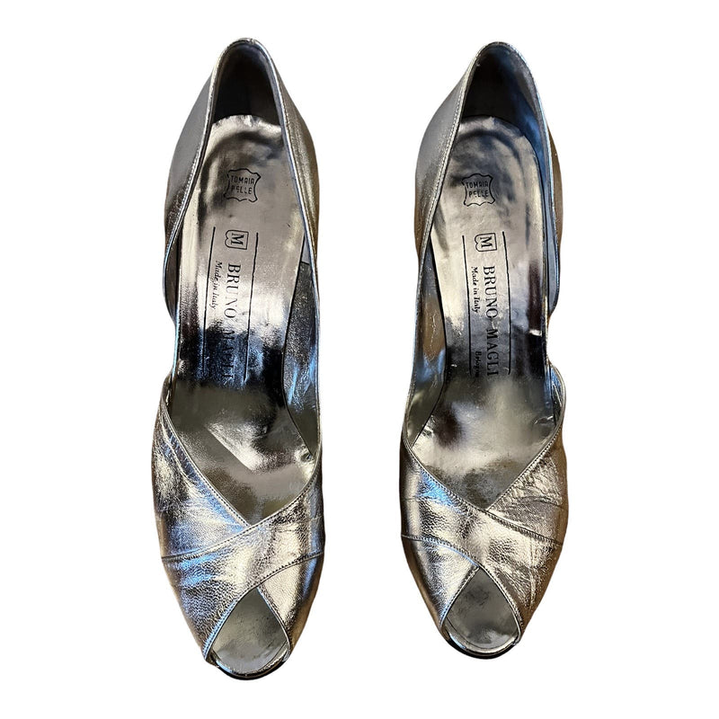 BRUNO MAGLI Silver Pumps Peep Toe Metallic Cone Heels Italy Designer Shoes 7.5