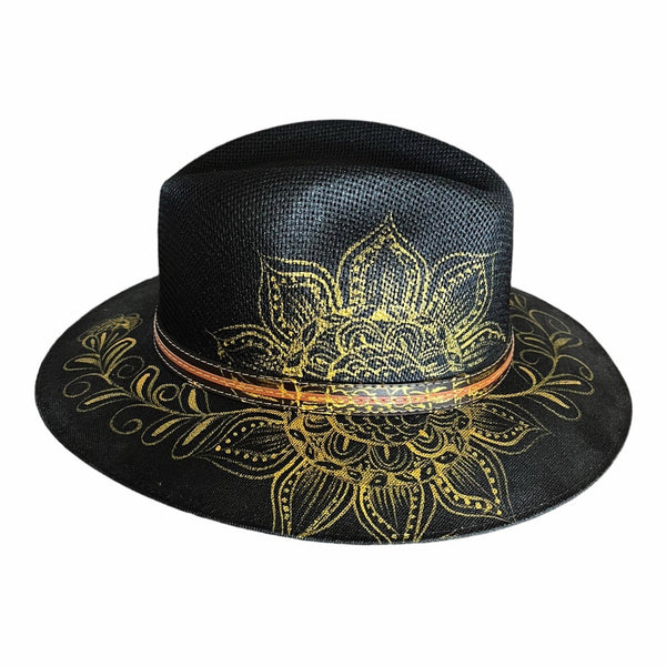 HAT MEXICAN Fiber Hand Painted Fedora Floral Sombrero Panama Bohemian Black Gold