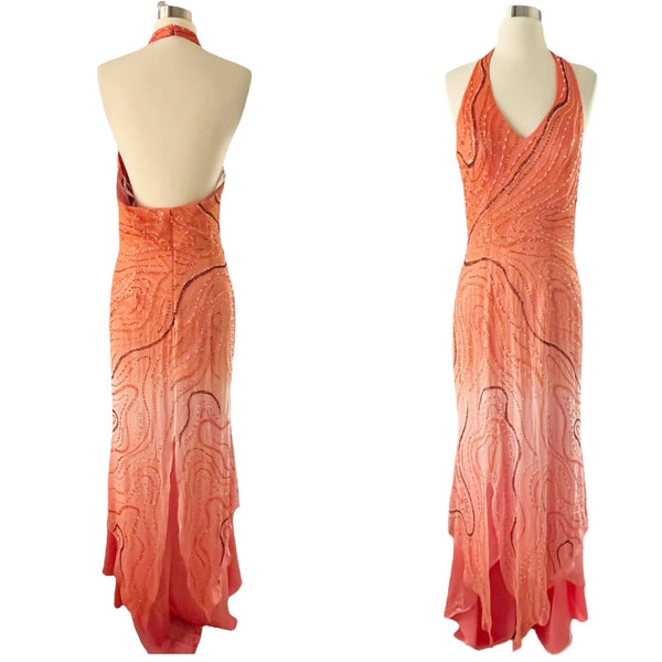 LARA Embellished Gown Ombre Orange A-Line Halter Beaded Silk Chiffon Dress 12