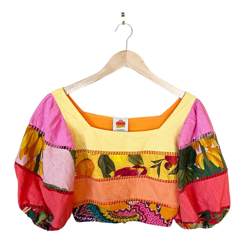 FARM RIO Tiered Top Rainbow Mixed Print Cropped Linen Multicolor Puff Sleeve Sm