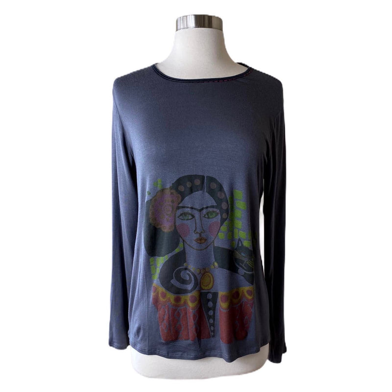 T.ZOVICH Top Frida Kahlo Graphic Print Long Sleeves Graphic Print Gray Small NWT