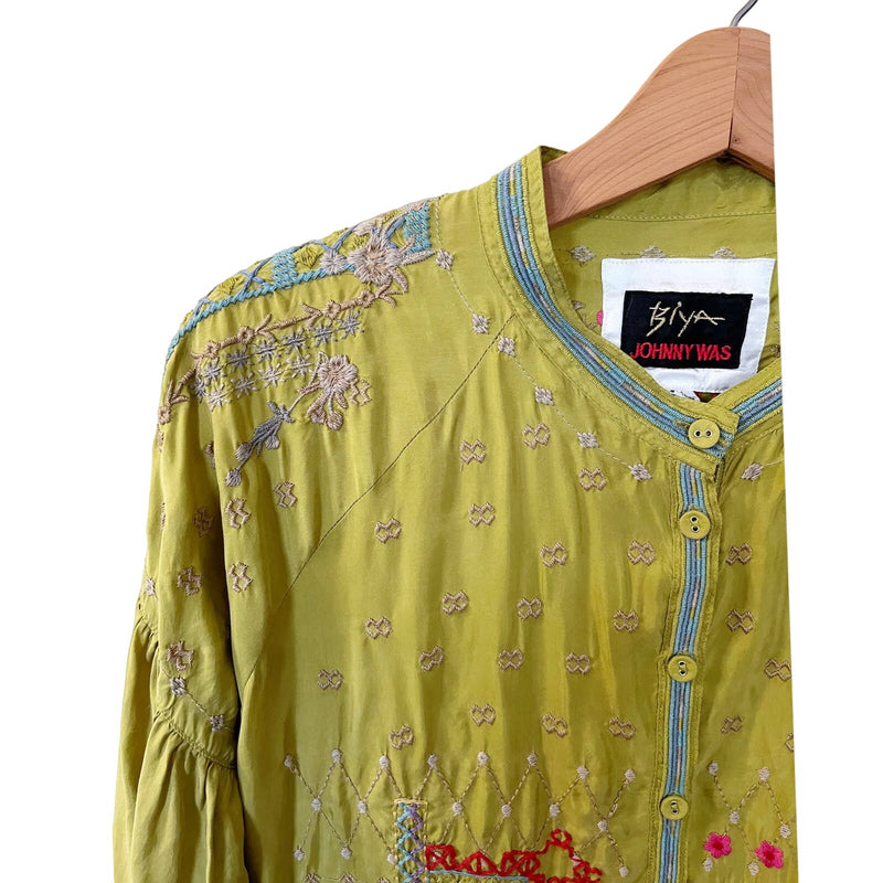 JOHNNY WAS Carpinteria Embroidered Blouse Button Up Balloon Sleeves XS Green