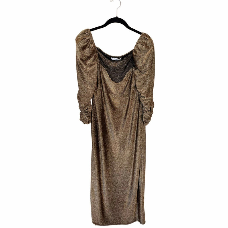 REFORMATION Rahm Dress Gold Shimmery 3/4 Sleeves Puff Shoulders Stretchy 1X EUC