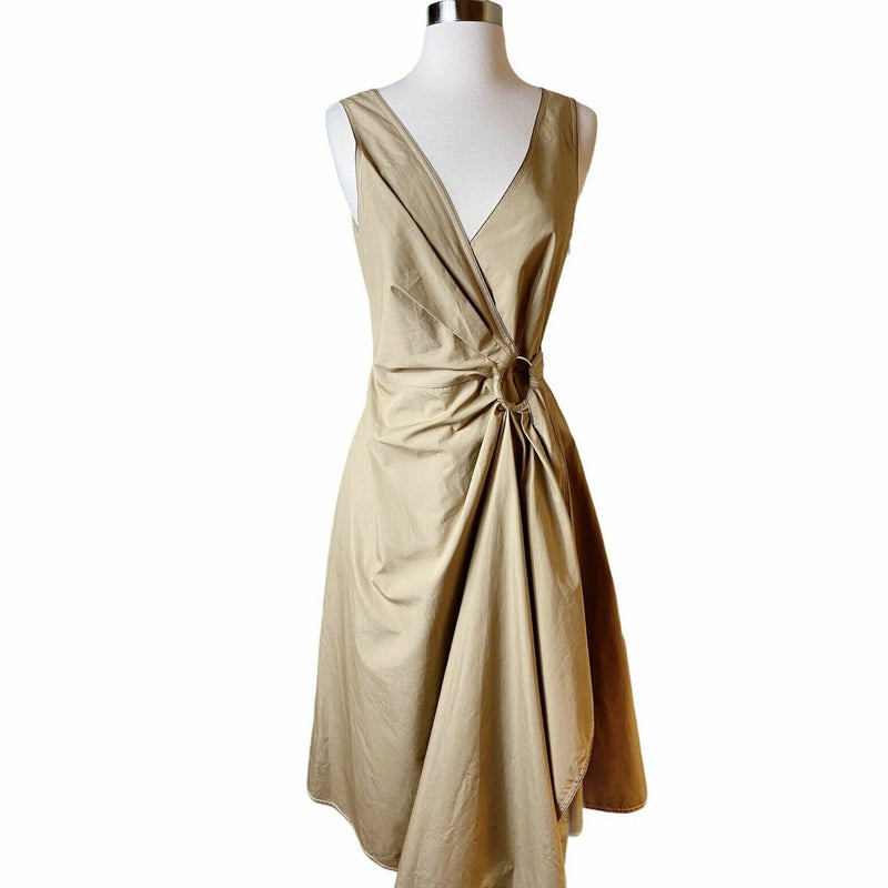 DEREK LAM 10 CROSBY Cotton Poplin Gathered Wrap Dress Sleeveless Camel Tan 4 EUC