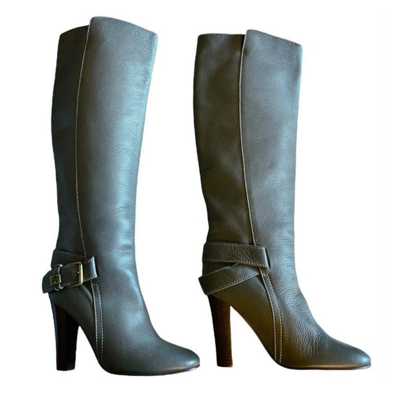 CHLOE Tucson Gray Boots Leather Adjustable Belt Knee High Tall Italy EU 38 /7.5