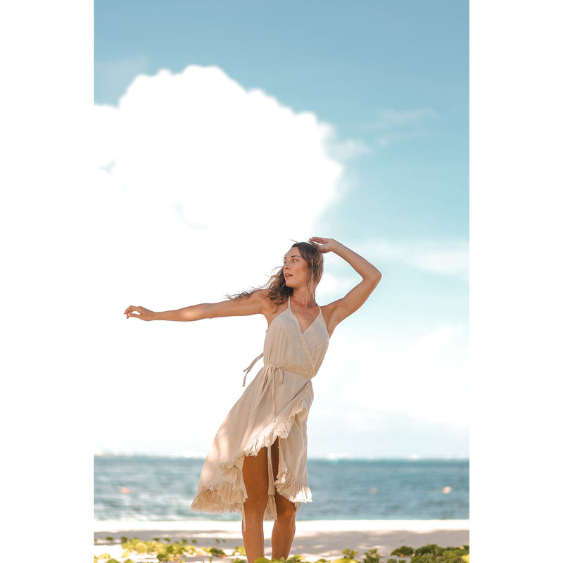 Resort Midi Wrap Dress by T. ZOVICH Linen Sleeveless Beige Raw Hem Ecofriendly