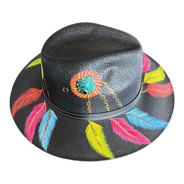 HAT MEXICAN Artisanal Hand Painted Fedora Floral Sombrero Panama Bohemian Black