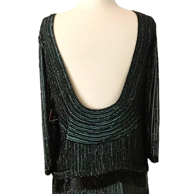 Cocktail Dress Blouson Black/Green Embellished Open Back Boat Neck Mini Medium