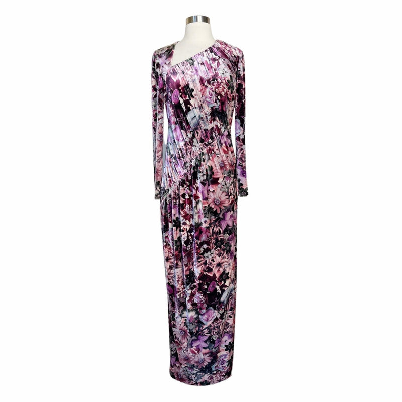 AIDAN MATTOX Velvet Dress Floral Maxi Stretch Multicolor Pink Long Sleeve 6 NWT