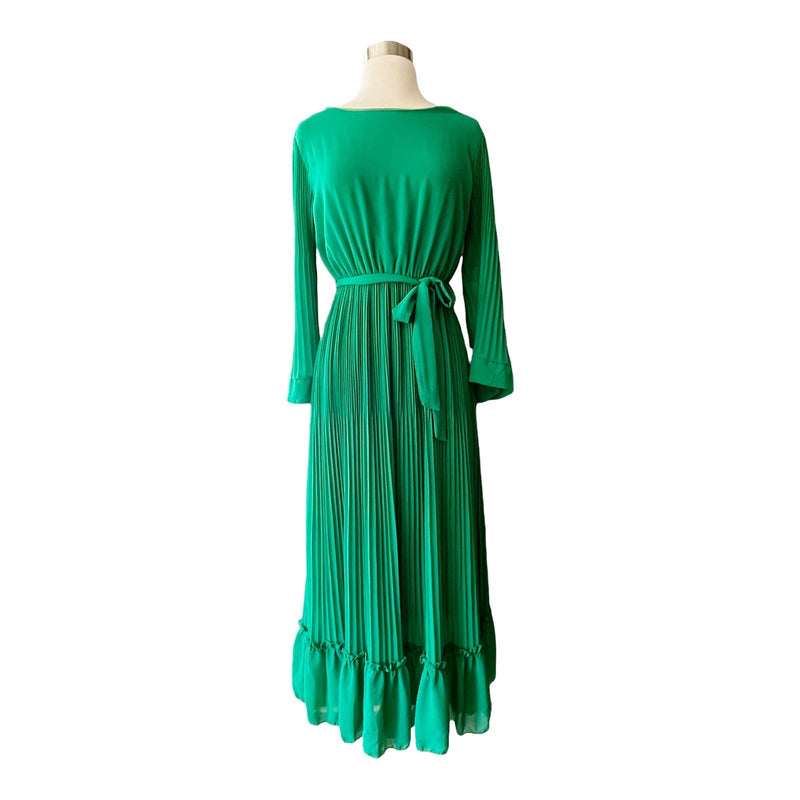 ITALIAN Emerald Green Dress Pleated Midi Crew Neck Long Sleeves Ruffles One Size